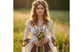 Mladá žena v boho svadobnom outfite v lúke so zväzkom divých kvetov za zlatej hodiny.