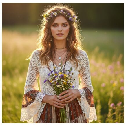 Mladá žena v boho svadobnom outfite v lúke so zväzkom divých kvetov za zlatej hodiny.