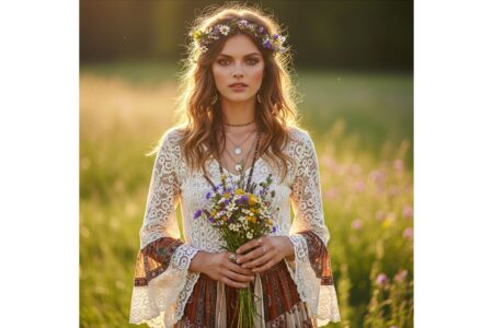 Mladá žena v boho svadobnom outfite v lúke so zväzkom divých kvetov za zlatej hodiny.