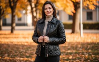 Žena v prešívanej bunde stojaca v jesennom parku s farebnými lístím a rozmazaným pozadím