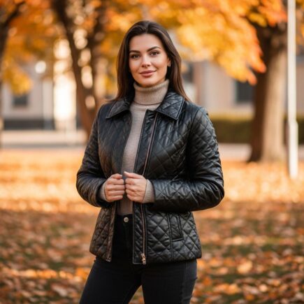 Žena v prešívanej bunde stojaca v jesennom parku s farebnými lístím a rozmazaným pozadím