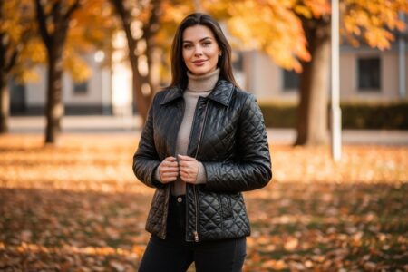 Žena v prešívanej bunde stojaca v jesennom parku s farebnými lístím a rozmazaným pozadím