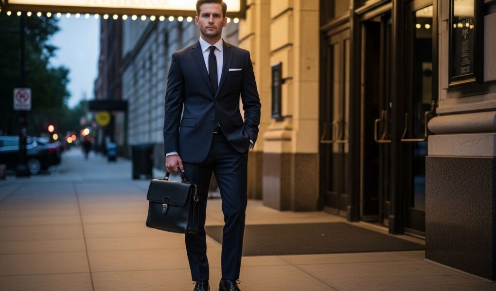 Muž v tmavomodrom obleku stojí pred nádherným vchodom do divadla s aktovkou v ruke.