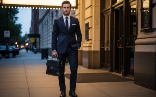 Muž v tmavomodrom obleku stojí pred nádherným vchodom do divadla s aktovkou v ruke.