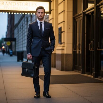 Muž v tmavomodrom obleku stojí pred nádherným vchodom do divadla s aktovkou v ruke.