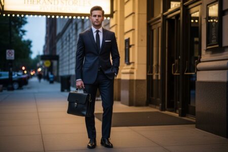 Muž v tmavomodrom obleku stojí pred nádherným vchodom do divadla s aktovkou v ruke.