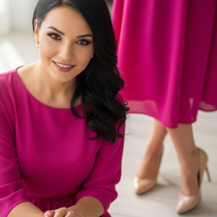 žena v ružových šatách a béžových lodičkách stojaca na svetlej drevenej podlahe