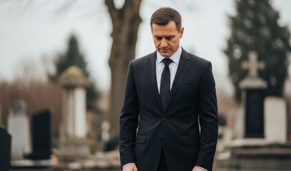 Muž v čiernom obleku stojí pri cintoríne v zamračený deň s vážnym výrazom.