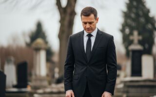 Muž v čiernom obleku stojí pri cintoríne v zamračený deň s vážnym výrazom.