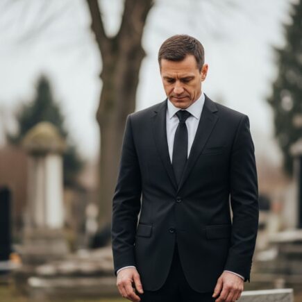 Muž v čiernom obleku stojí pri cintoríne v zamračený deň s vážnym výrazom.