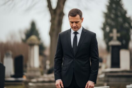 Muž v čiernom obleku stojí pri cintoríne v zamračený deň s vážnym výrazom.