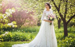 nevesta v bielych šatách stojaca v rozkvitnutej záhrade na jar