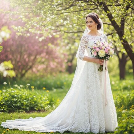 nevesta v bielych šatách stojaca v rozkvitnutej záhrade na jar