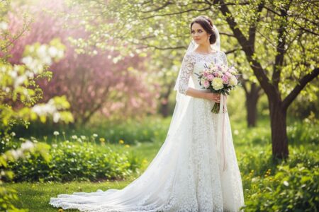 nevesta v bielych šatách stojaca v rozkvitnutej záhrade na jar