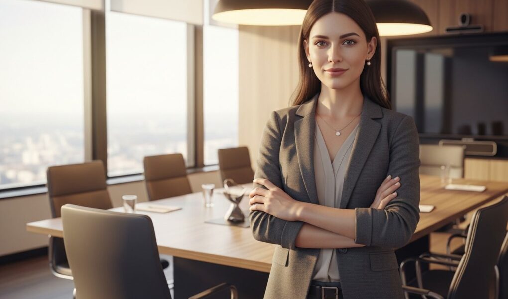 Profesionálna podnikateľka v modernom konferenčnom priestore v smart casual oblečení.
