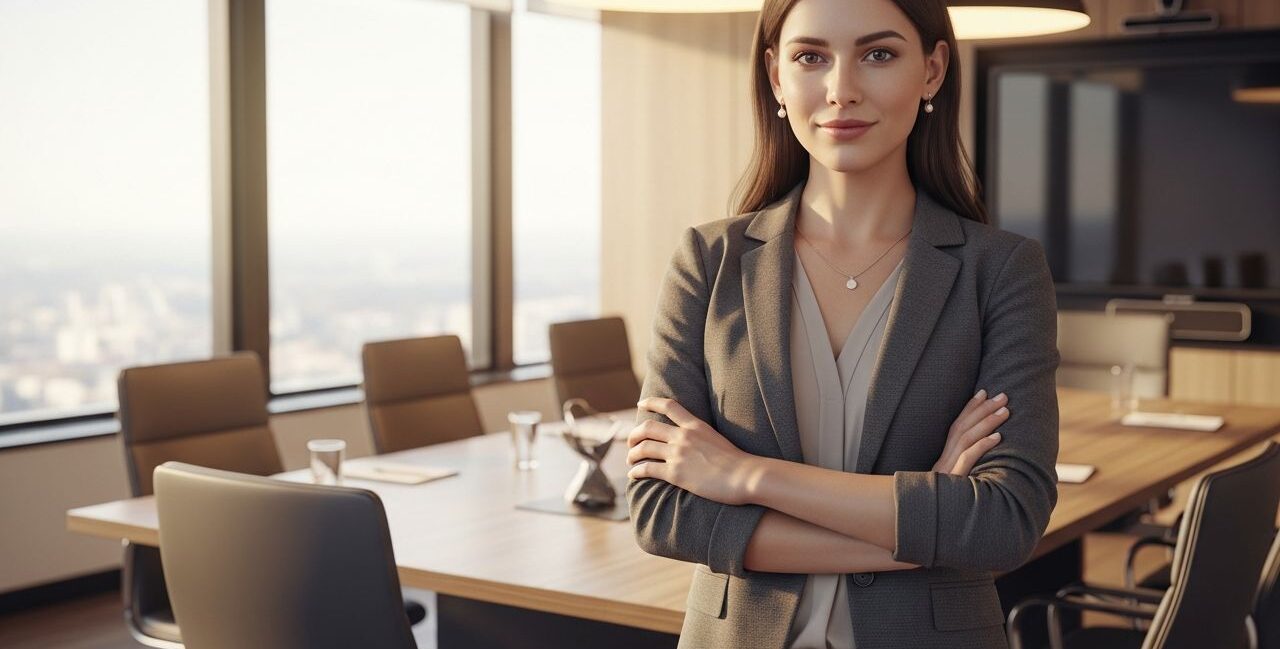 Profesionálna podnikateľka v modernom konferenčnom priestore v smart casual oblečení.