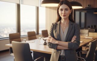 Profesionálna podnikateľka v modernom konferenčnom priestore v smart casual oblečení.