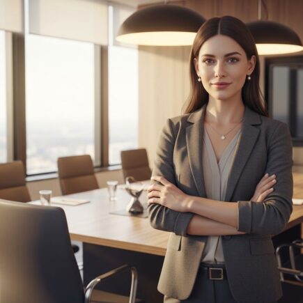 Profesionálna podnikateľka v modernom konferenčnom priestore v smart casual oblečení.