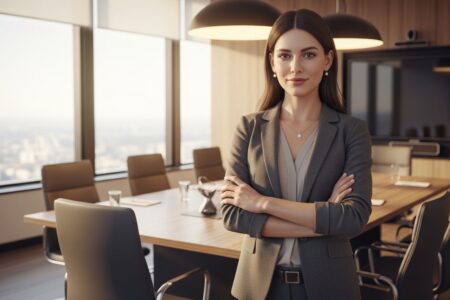 Profesionálna podnikateľka v modernom konferenčnom priestore v smart casual oblečení.