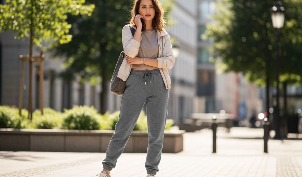 Mladá žena v štýlových teplákoch a ležérnom oblečení stojí na ulici s mestským pozadím.