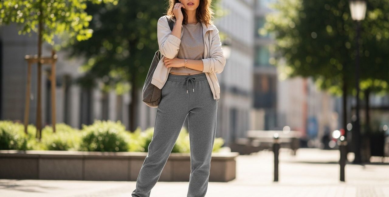 Mladá žena v štýlových teplákoch a ležérnom oblečení stojí na ulici s mestským pozadím.