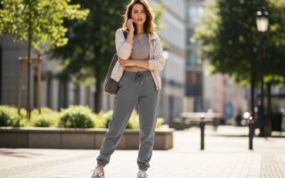 Mladá žena v štýlových teplákoch a ležérnom oblečení stojí na ulici s mestským pozadím.