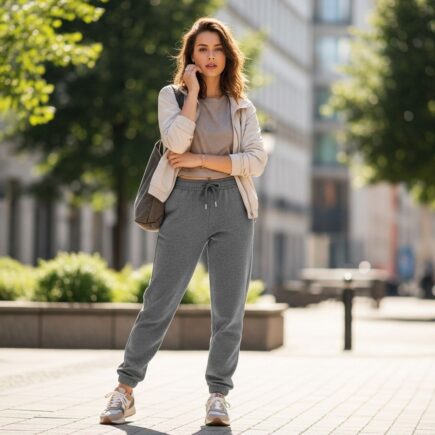 Mladá žena v štýlových teplákoch a ležérnom oblečení stojí na ulici s mestským pozadím.