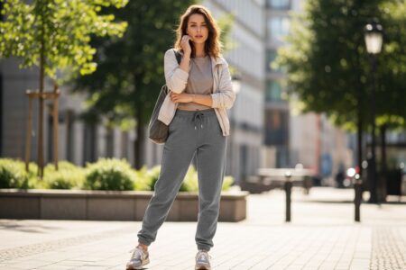 Mladá žena v štýlových teplákoch a ležérnom oblečení stojí na ulici s mestským pozadím.