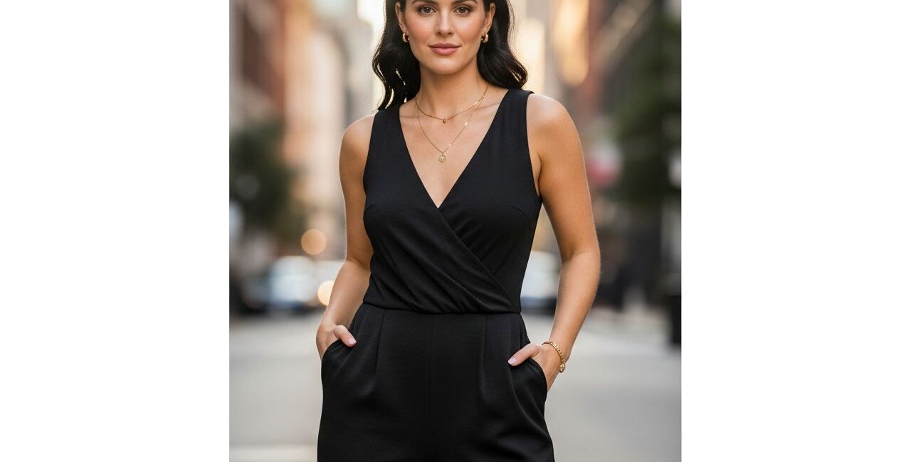 žena v čiernom overal stojaca v meste s dôrazom na detail oblečenia a prírodný vzhľad