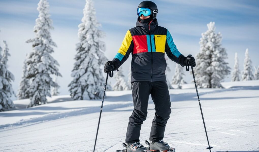 Osoba v zimnej výstroji stojí na zasneženej zjazdovke s lyžami a palicami za jasného dňa.