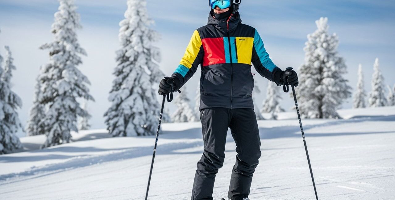 Osoba v zimnej výstroji stojí na zasneženej zjazdovke s lyžami a palicami za jasného dňa.