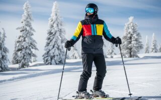 Osoba v zimnej výstroji stojí na zasneženej zjazdovke s lyžami a palicami za jasného dňa.