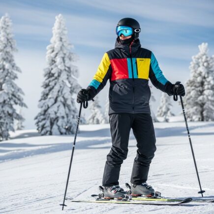 Osoba v zimnej výstroji stojí na zasneženej zjazdovke s lyžami a palicami za jasného dňa.