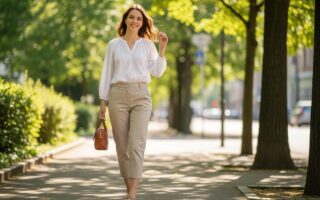 Mladá žena v bielej blúzke a béžových nohaviciach nesie malú hnedú kabelku na jarnej ulici.