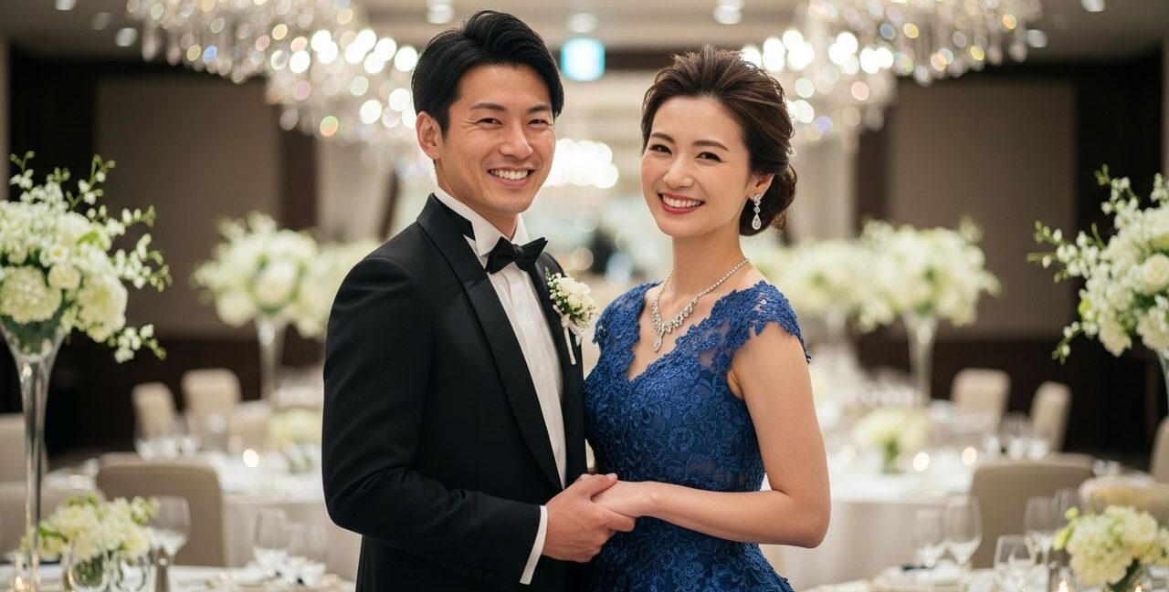 Elegantný pár v spoločenskej šatách stojaci v luxusnej sále s prichystanými stolmi a krištáľovými lustrami