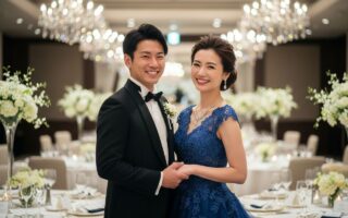 Elegantný pár v spoločenskej šatách stojaci v luxusnej sále s prichystanými stolmi a krištáľovými lustrami