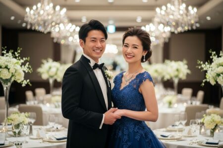 Elegantný pár v spoločenskej šatách stojaci v luxusnej sále s prichystanými stolmi a krištáľovými lustrami