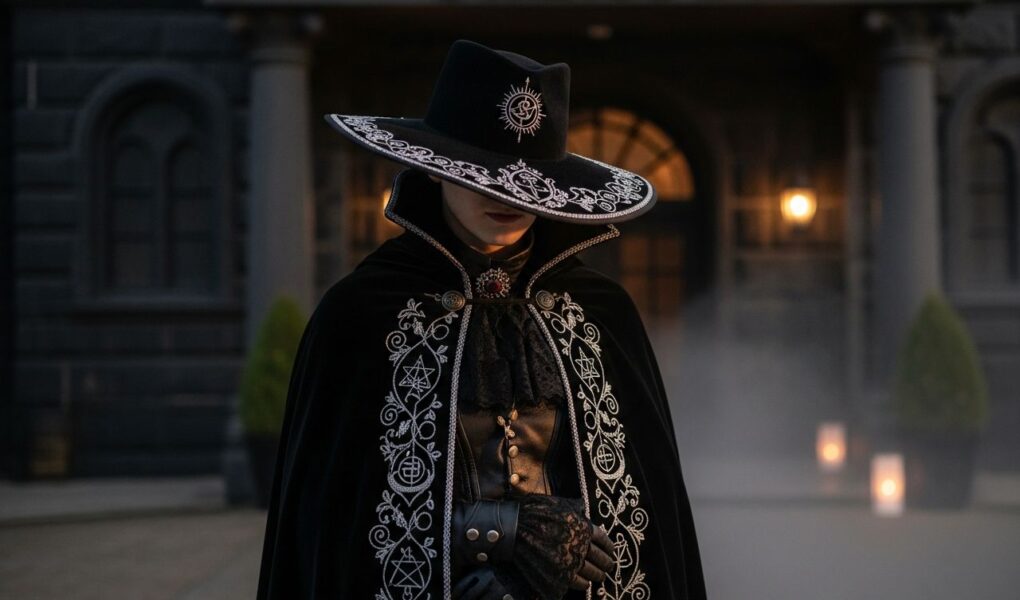 Osoba v čiernom plášti s mystickými symbolmi pred tmavým kamenným divadlom za súmraku