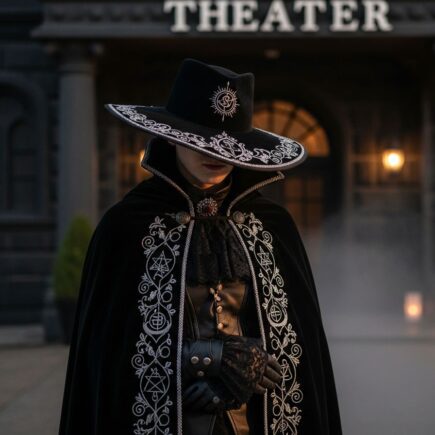 Osoba v čiernom plášti s mystickými symbolmi pred tmavým kamenným divadlom za súmraku