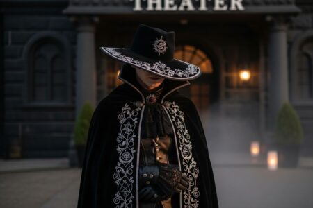 Osoba v čiernom plášti s mystickými symbolmi pred tmavým kamenným divadlom za súmraku