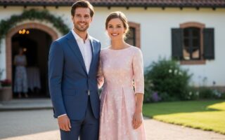 Muž v tmavomodrom obleku a žena v ružových šatách na civilnom sobáši pred rustikálnou budovou.
