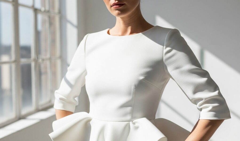 Žena v bielom peplum top v modernej štúdiu so zameraním na detail peplum v páse