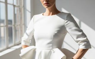 Žena v bielom peplum top v modernej štúdiu so zameraním na detail peplum v páse