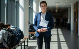 Mladý študent v modrom saku drží diplom v univerzitnej chodbe so študentmi v pozadí.