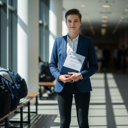 Mladý študent v modrom saku drží diplom v univerzitnej chodbe so študentmi v pozadí.