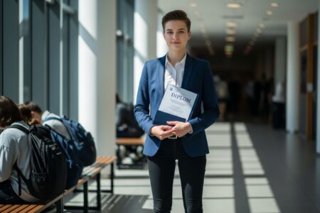 Mladý študent v modrom saku drží diplom v univerzitnej chodbe so študentmi v pozadí.