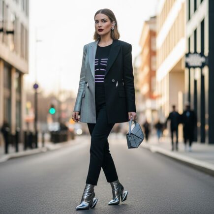 Štýlová žena kráča mestom v modernom a futuristickom oblečení, mestské prostredie, denné svetlo.