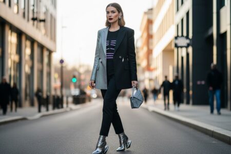 Štýlová žena kráča mestom v modernom a futuristickom oblečení, mestské prostredie, denné svetlo.