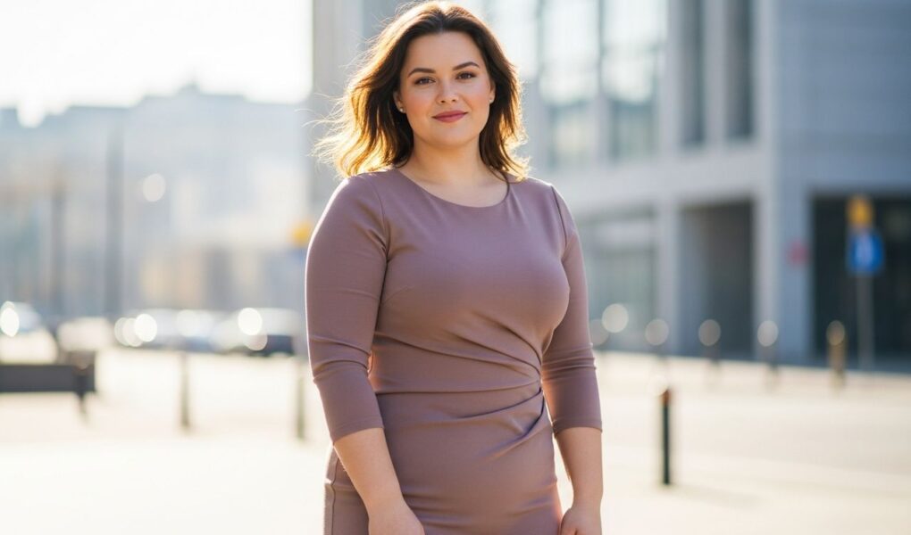 Sebavedomá plus size žena v priliehavých šatách pózuje v mäkkom dennom svetle na rozmazanom mestskom pozadí.