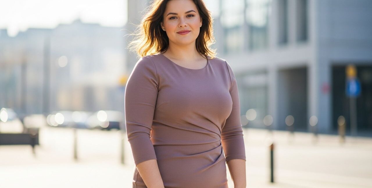 Sebavedomá plus size žena v priliehavých šatách pózuje v mäkkom dennom svetle na rozmazanom mestskom pozadí.